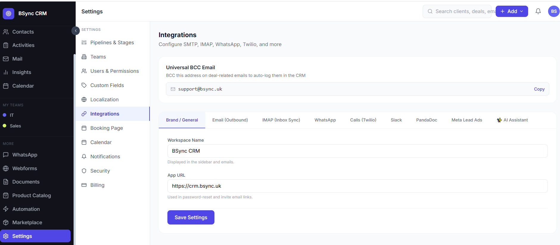 Integrations Settings